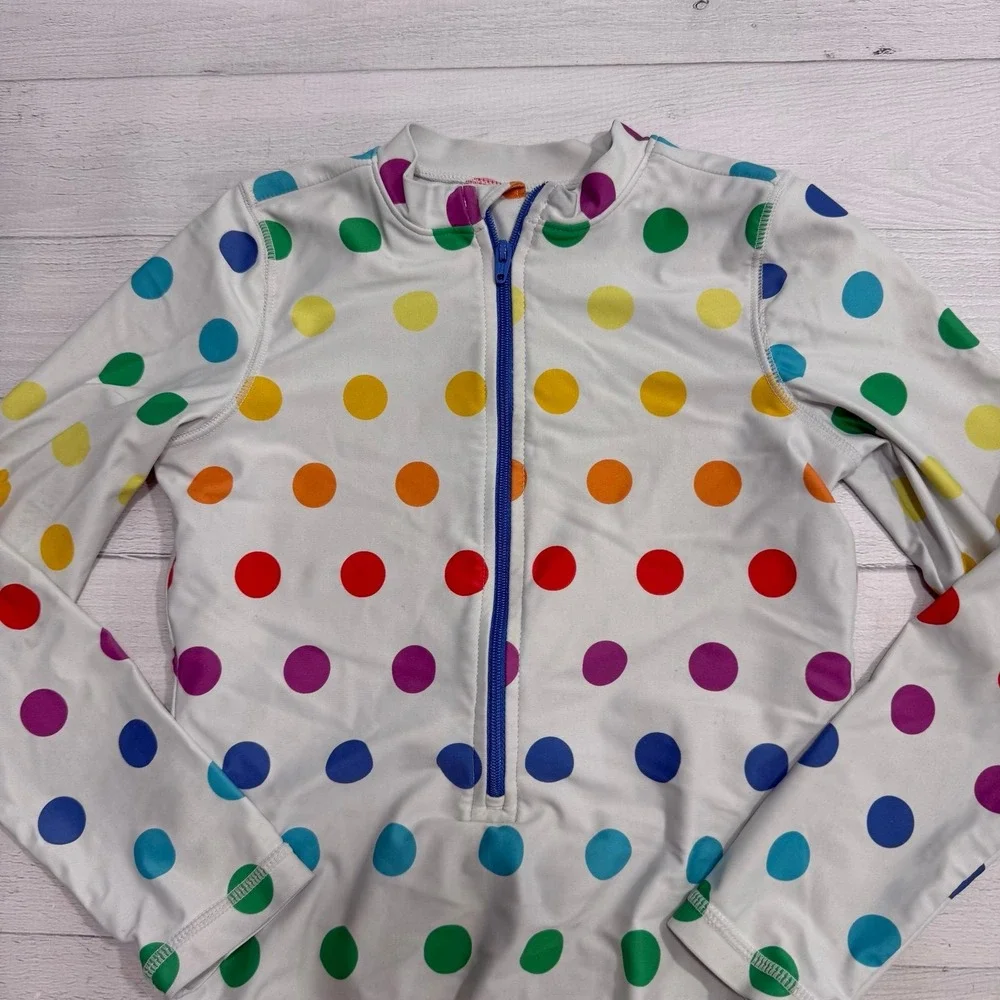 Primary girls one piece rainbow polka dot swimsuit long sleeve rashguard 6/7